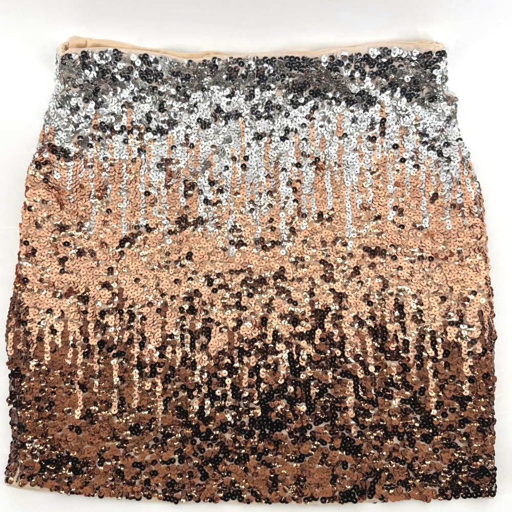 MANER Sequin Mini Skirt Women XL Silver Rose Gold Ombre Bodycon Party Glam NYE